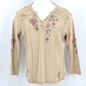 Karen Seo Embroidered Thermal Henley Top Floral Womens Size XL Winter Fall Boho